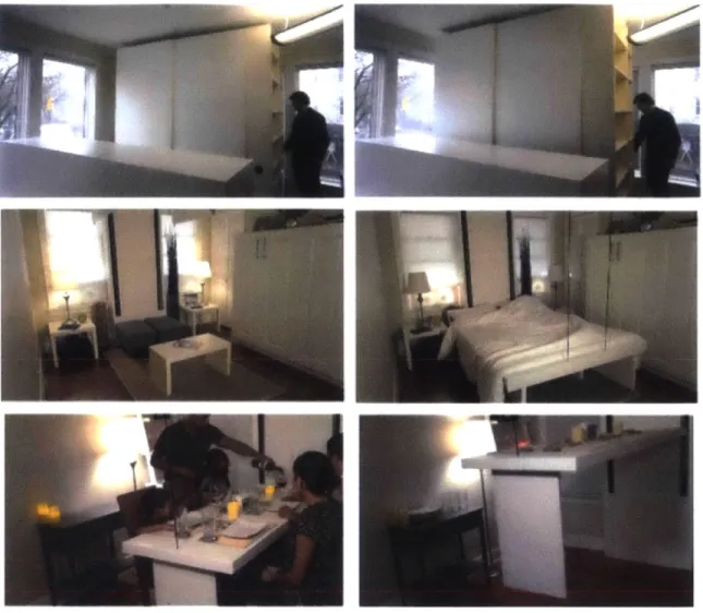 Figure  24: Dynamic  function blocks as prototyped  with a closet, bed  and  table  (photos  courtesy of Zbode Systems)
