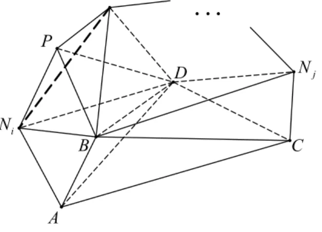 Figure 5. The edge drawn in boldface dashed line appears as a result of move 2 → 3 and eliminates vertex P from the link of BD.