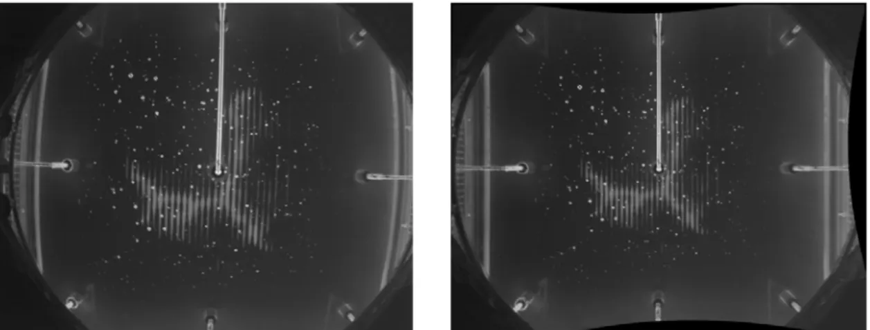 Figure 2: (Left) Raw image 18 from the high speed camera inside the Impact Module showing  the contact area associated with the ice impact that appears as flattening of the pressure strips  that covered the surface of the Impact Module