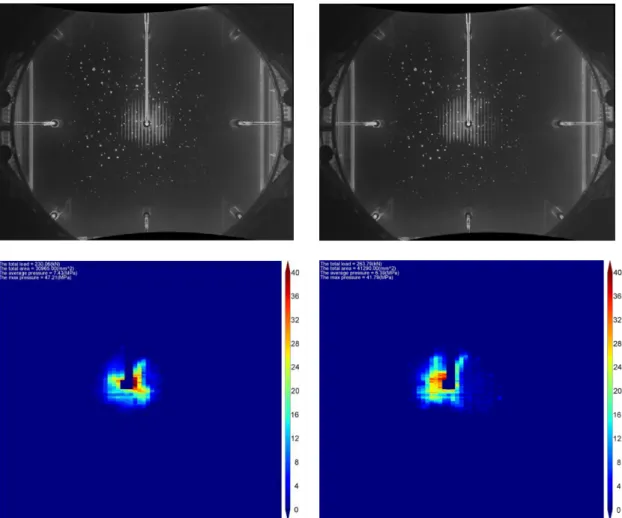 Figure 6.  (Top) Two consecutive images taken before and after a spalling event by  the high-speed imaging camera viewing through the acrylic block inside the Impact  Module during an ice impact test