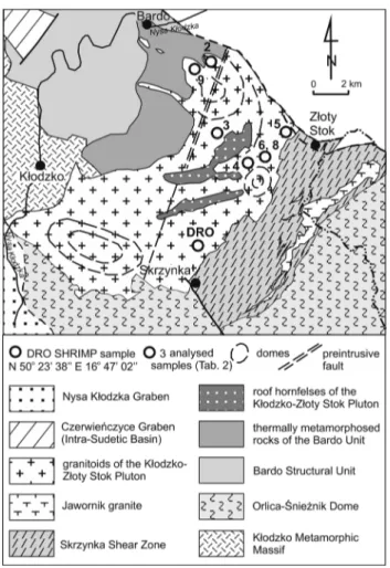 Fig. 2    Geological sketch map of the Niemcza Zone and adjacent  areas, based on map from Lorenc (1998, and references therein), and  modified by the authors after the map of Mazur and Puziewicz (1995,  and references therein)