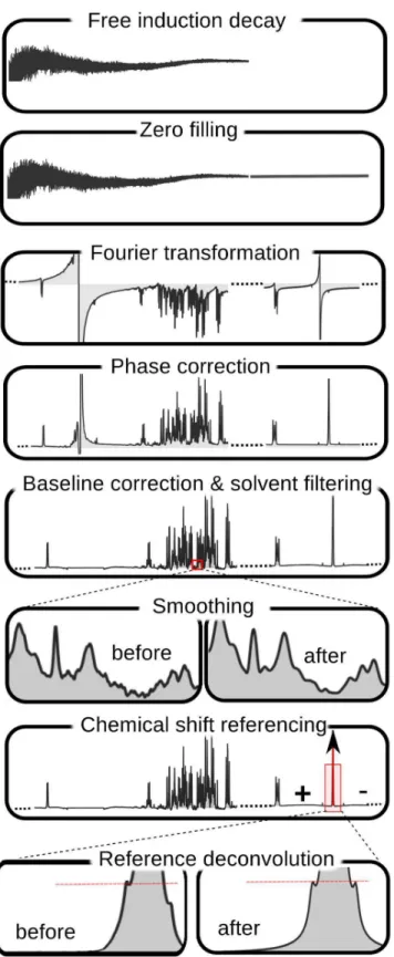 Fig 1. Spectral processing steps in Bayesil. Reference deconvolution and smoothing are optional