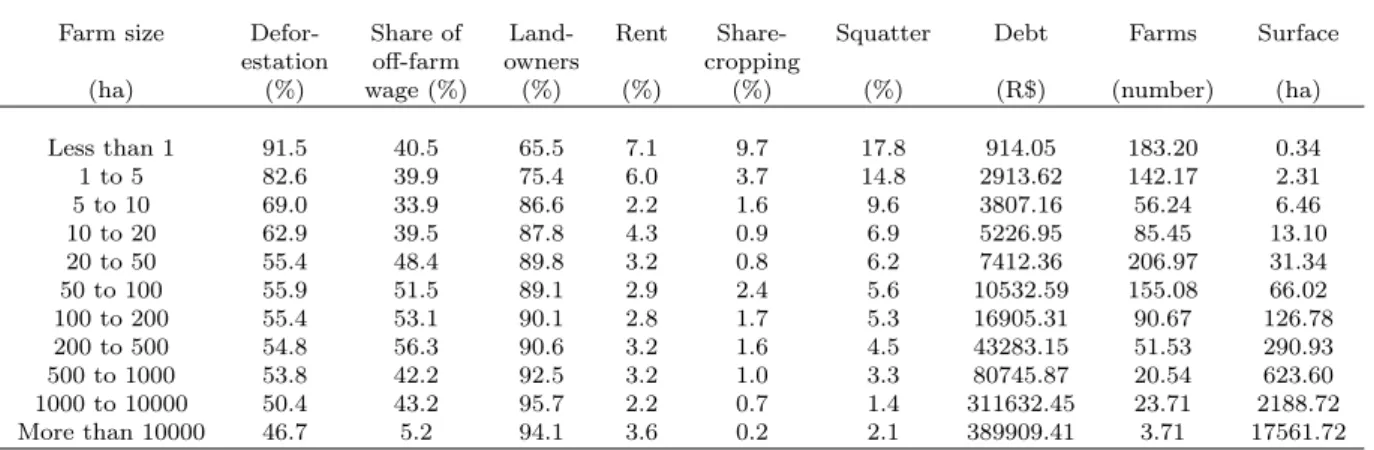 Table 1: Descriptive statistics - average values according to size category