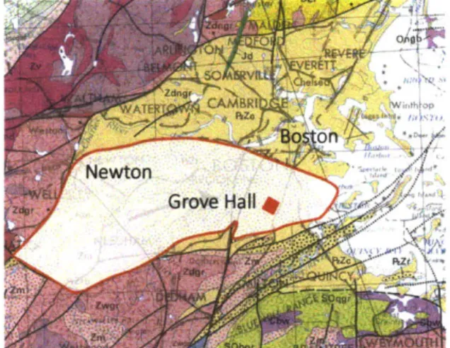 Fig 1.1.  Boston-area geologic structure  showing location of Puddingstone foundation.