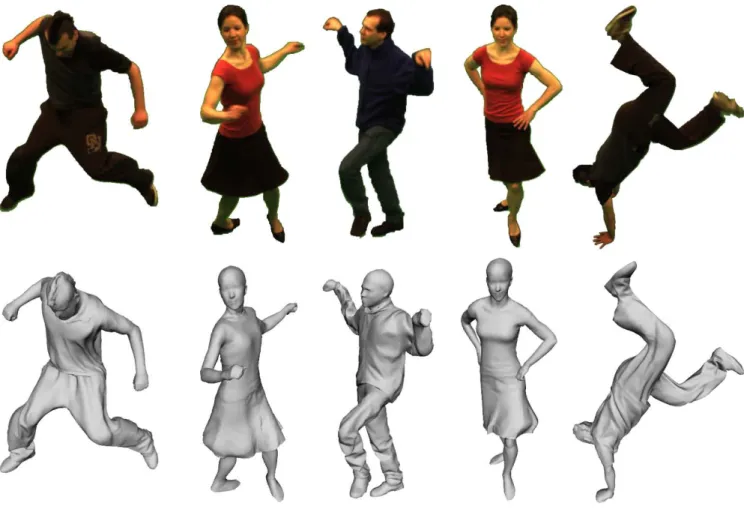 Figure 8: Background-subtracted video frames (top) and the corresponding recovered shapes (bottom) for three subjects in five sequences.