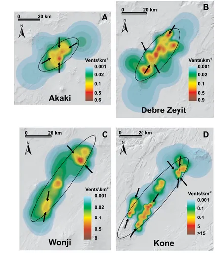 Figure 6. Vent density distribution maps from applying Equation (3) to the analyzed vent fields; 