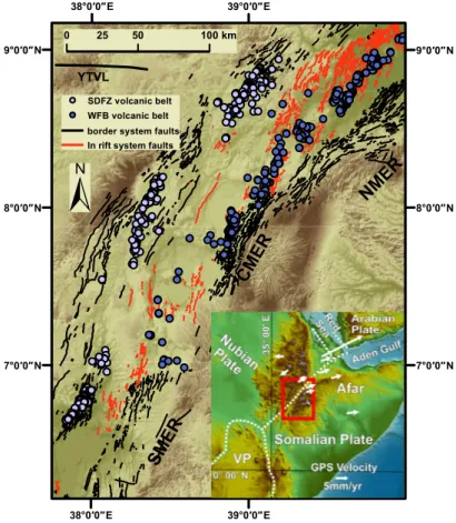 Figure 1. Volcano tectonic map of the Main Ethiopian Rift (MER; after Corti, 2009). The southern  Main Ethiopian Rift (SMER), central Main Ethiopian Rift (CMER), and northern Main Ethiopian  Rift (NMER) segments of the Main Ethiopian Rift are shown