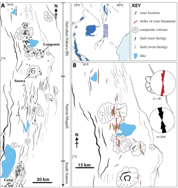 Figure 8. (a) Locations of monogenetic cones from the Naivasha-Nakuru basin to the South Natron ﬁeld