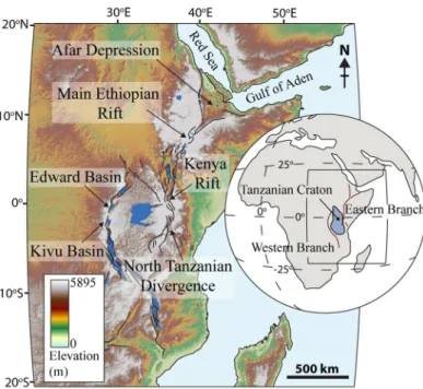 Figure 1. Annotated DEM image (90 m SRTM) of the eastern portion of the African conti- conti-nent