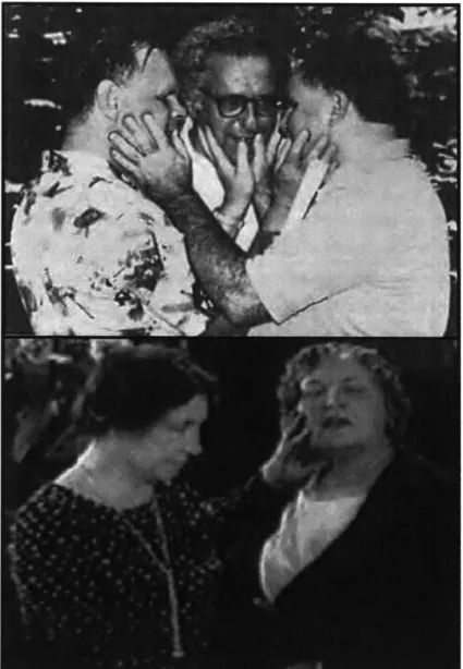 Figure  2-1.  Top  panel:  A  conversation  made  possible  by  the  Tadoma  method.  Two deafblind  Tadoma users  (left  and right) communicate  verbally  with  one  another and a hearing, sighted  individual (from  Reed  et al.,  1985)