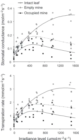 Figure 4. Stomatal conductance and transpiration rate responses  to irradiance level in intact leaf tissues, occupied mines and empty  mines