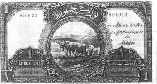 fig. 8  'One  Turkish  Lira'  issued in  1931,  showing House  of Parliament,  Citadel of Ankara  and a young ploughing  farmer