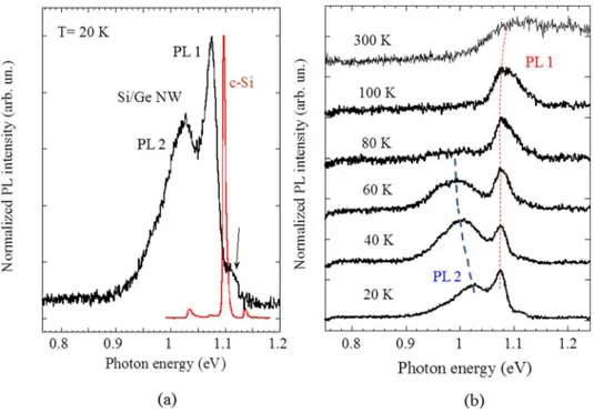 FIG. 5. (a) Comparison of photolumi- photolumi-nescence (PL) spectra of the Si/Ge NW HJs and c-Si