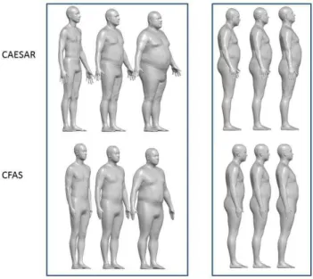 Fig. 7. Shape comparisons between CAESAR and CFAS. Left box: overall volume; right box: posture