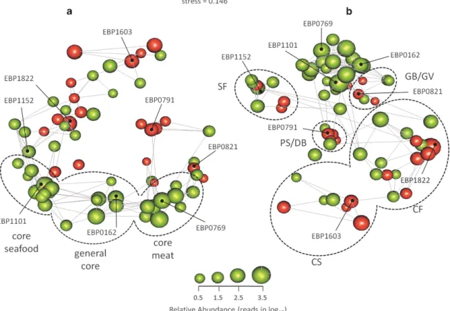 Figure 4 Co-occurrence network of OTUs in spoiled (T s ) meat and seafood samples. a and b show two angle views of the tri-dimensional network ordination space obtained by applying non-metric multi-dimentional scaling (SAMMON) to a co-occurrence distance m