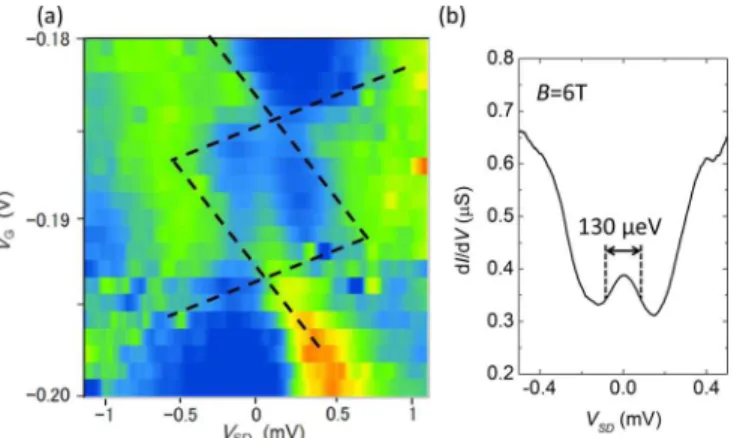 FIG. 5. (Color online) Extracting the g factor of sample J65 from the Kondo effect. (a) Numerical differential conductance of a QD under an applied in plane magnetic field of 6 T