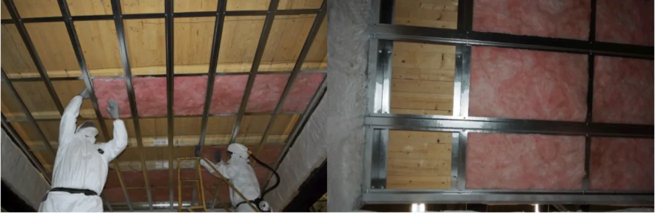 Figure 2-6 W14 furring strips installed perpendicular to Z channels on exposed side and space behind furring being filled with  fiberglass wool