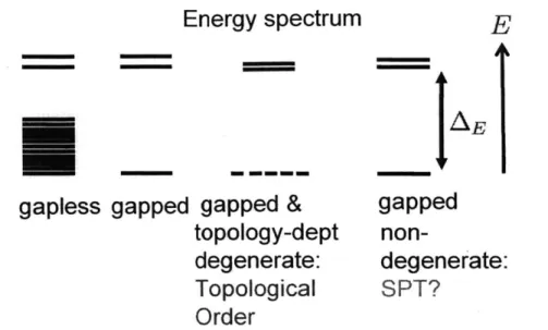 Figure  1-1:  Quantum  matter:  the  energy  spectra  of  gapless  states,  topological  orders  and symmetry-protected  topological  states  (SPTs).