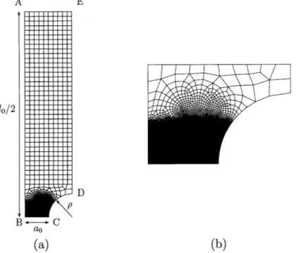 Figure  4-5:  (a)  Initial  finite  element  mesh  for  a  notched-tension  specimen:  lo  =  44 mm,  ao 2.5 mm,  p  =  2.5 mm