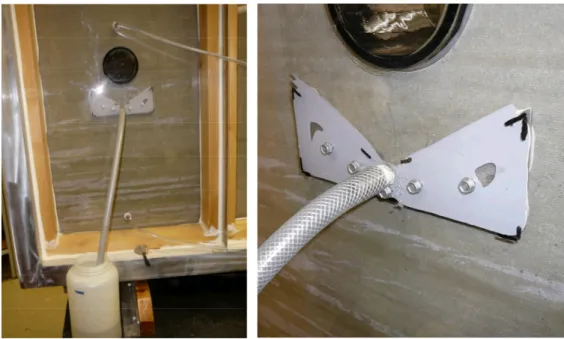 Figure 5: Water collection tray and collection vessel. Water collection tray located in 10 mm gap  between fibre cement cladding and clear sheathing panel