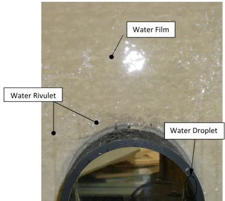 Figure 9: Water droplet, rivulet and film formation due to water deposition on  fibre cement cladding