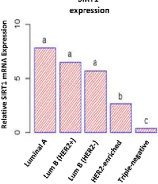 Figure 2: Differential SIRT1 mRNA expression patterns in breast tumors.  ANOVA followed by Tukey’s multiple comparison  test performed on SIRT1 mRNA expression levels