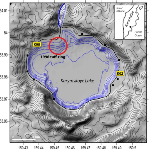 Fig. 1. Location map of Karymskoye Lake, Kamchatka Peninsula, Russia. Reconstructed pre-eruption bathymetric contours (modiﬁed from Torsvik et al., 2010) are in meters below the surface of the lake (black bold line at 624 m a.s.l.)