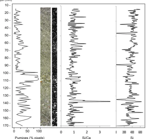 Fig. 8. Distribution of pumices estimated from image analysis of thin sections at the SEM and Si/Ca proﬁle inferred from XRF scan of dehydrated block (sample K02-8).