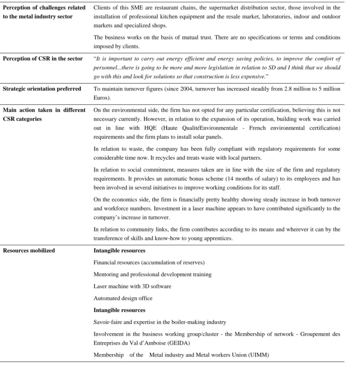 Table 5. CSR strategy of SME 2, perception of CSR, action taken and resources mobilized   
