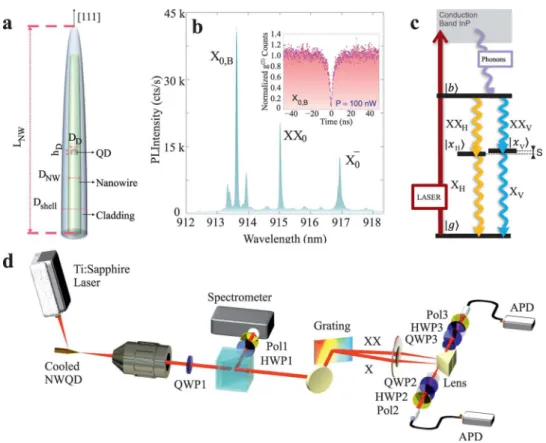 Figure 1. Schematic, spectrum, and energy scheme of the NW quantum dot and experimental setup