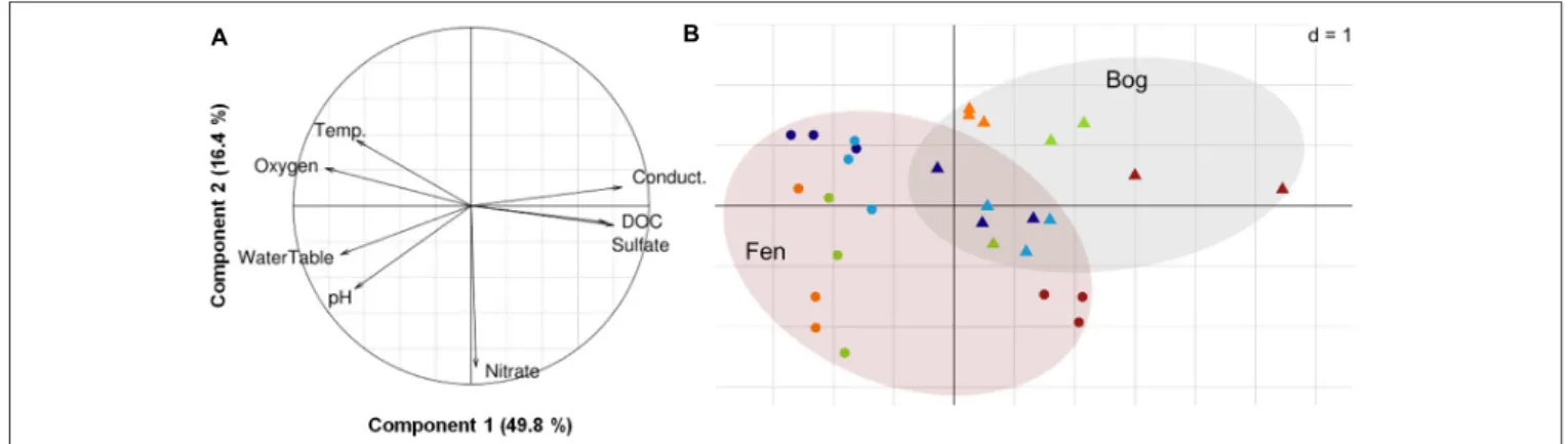 FIGURE 3 | Principal Component Analysis on the physico-chemical dataset. (A) Variance explained per component, and correlation circle