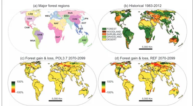 Figure 1. Global forest regions and forest change projections. The sixteen major global regions (Sohngen et al 2001) are Canada (CAN), United States of America (USA), Central America (CAM), Western South America (WSA), South America (SAM), Western Europe (