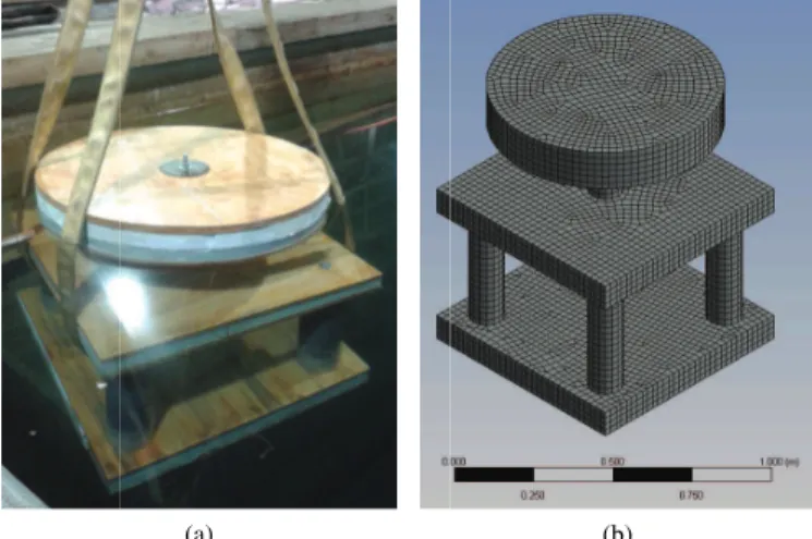 Fig. 1. Hydrodynamic (non-functional) physical model (a), afloat, and corresponding numerical model (b), meshed, for one platform design concept