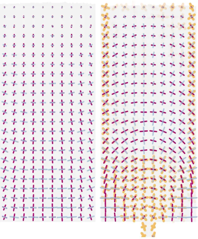 Figure S2: Plots of the directions and magnitudes of the eigenvectors of the deviatoric stress and deformation rate tensors for the tall silo before drainage (left), and during drainage (right)
