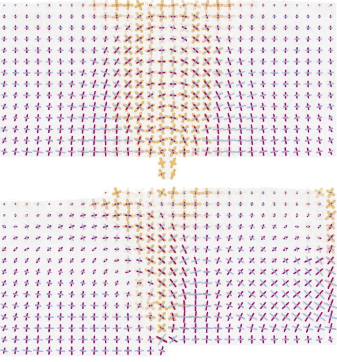 Figure S3: Plots of the directions and magnitudes of the eigenvectors of the deviatoric stress and deformation rate tensors for the wide granular packing during drainage (top), and during pushing (bottom)