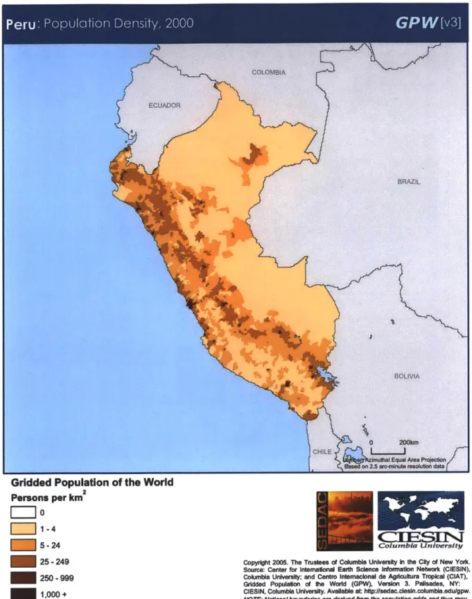 Fig. 4.2.7: GPW: Population Density in Peru, Coinciding Largely with Terrain