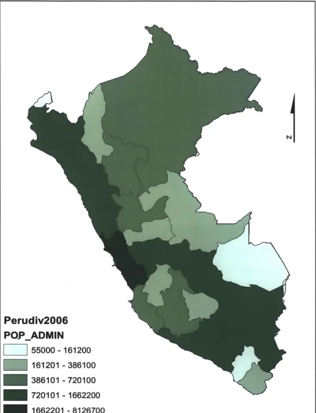 Fig. 4.2.8: ArcGIS: Mapping Population Density in Peru by  Province Perudiv2006 POP_ADMIN 55000 - 161200 161201  - 386100 386101  - 720100 720101  - 1662200 1662201  -8126700