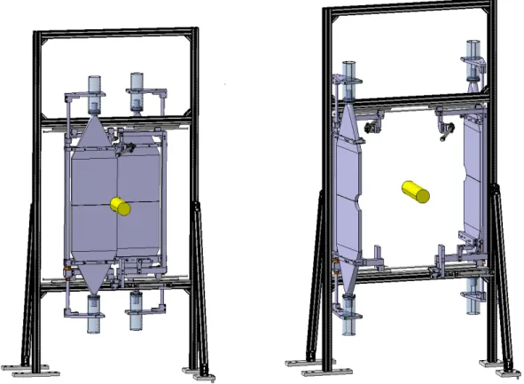 Figure 5: Visualisation of a HeRSCheL station in its nominal data-taking position and in its parking position, when the detectors are retracted and rotated.