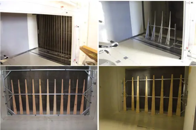 Figure 1.4: Passive techniques examined to for turbulence generation in the NRC NRC 1.0 m × 0.8 m Pilot Wind Tunnel: vertical bars + screen (top left), moving spires (top right), short and narrow settling-chamber spires (bottom left), tall and  stag-gered 
