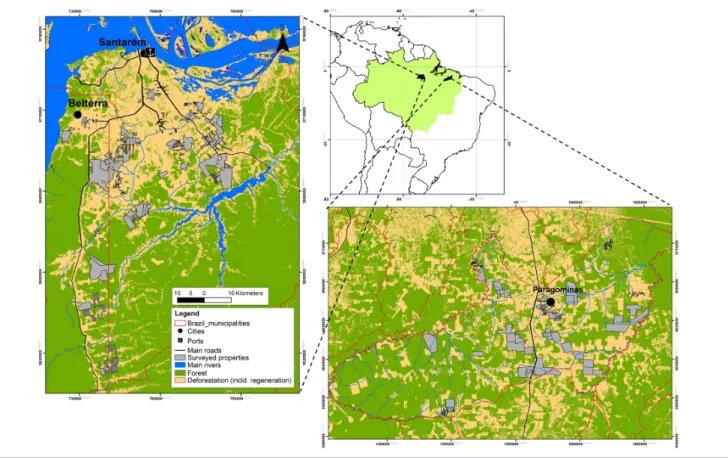 Fig. 1. Locations of case studies and properties sampled in the Eastern Amazon. Figure (a) Shows the case study region of greater Santarém, which includes the counties of Santarém, Belterra, and Mojui dos Campos