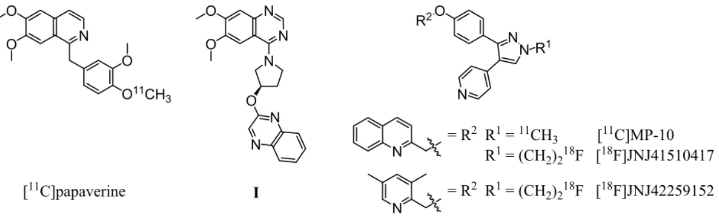 Figure 1. Radioligands investigated for PDE10A imaging and compound I, used as lead  structure in this study