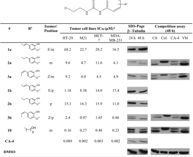 Table 1 Cell growth inhibition of 1a, b, 2a, b, 3a, b, 10, and CA-4.  N HNHOCl R 1 #  R 1 Isomer/ 