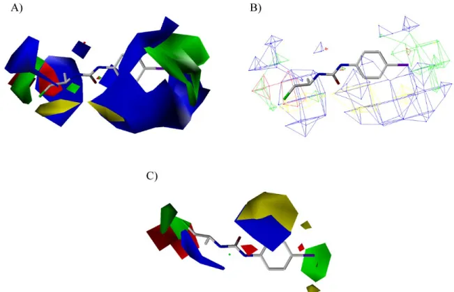 Figure  6  Contour  map  of  steric  and  electrostatic  fields  (standard  deviation  x  coefficient)  generated with the CoMFA model based on growth inhibition activity: (A) and (B) model  generated with 10 ONC and (C) model generated with 4 ONC