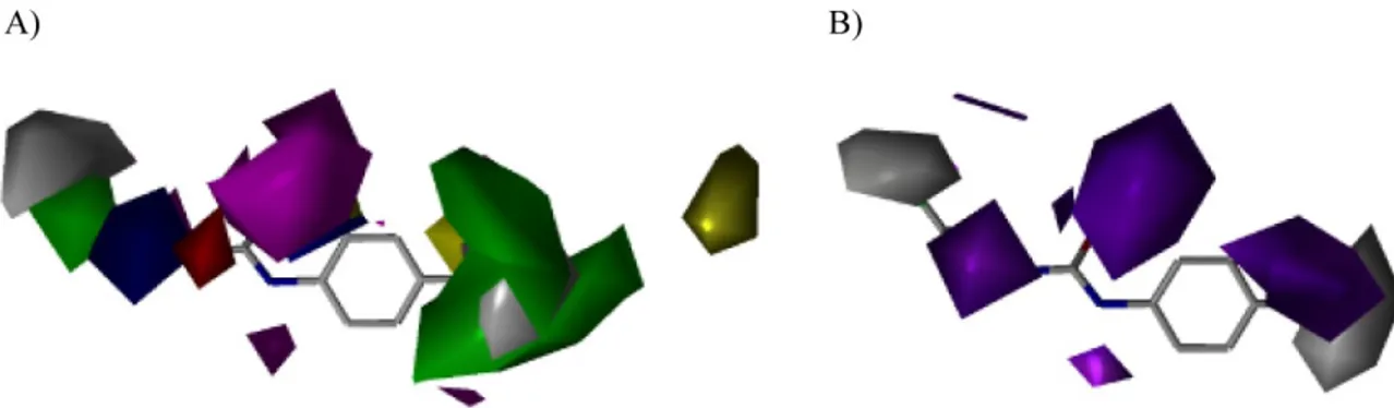 Figure 7 Contour maps generated with the CoMSIA model based on growth inhibition: (A)  model generated with 10 components and (B) model generated with 4 components