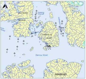 Figure 1. Location of sampling stations in the Canadian Arctic Archipelago (Nunavut), May,  2011