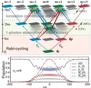 FIG. 1 (color online). Schematic of the three-photon ionization scheme for potassium. jl; mi states colored red or blue are accessed by E R or E L components of the field only, while states colored green can be accessed by both components via different pat