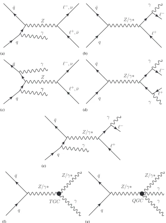Figure 1: Feynman diagrams of Zγ(γ) production: (a,c) initial-state photon radiation (ISR), (b,d) final-state photon radiation (FSR), (e) mixed channel (FSR + ISR), (f) triple gauge-boson coupling (TGC) vertex, and (g) quartic gauge-boson coupling (QGC) ve