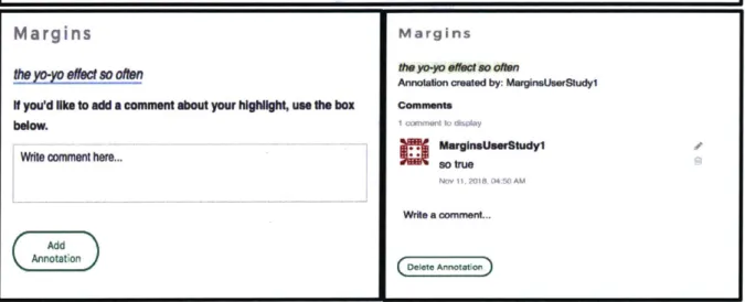 Figure 1-1:  Creating an annotation with Margins (bottom left),  hovering over a highlight (top), clicking a highlight to expand details (bottom right)