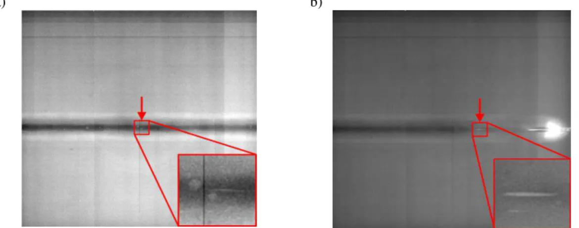 FIGURE 3.  X-ray images of about 50 mm x 50 mm of two ROIs: a) position +100 mm and b) position +175 mm