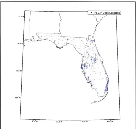 Figure 10.  Florida ZIP Code  Locations.  There are 1042 ZIP codes  in  total. Note  that large  blank areas are indicative of ZIP code  geography  and national parks rather than missing  ZIP codes.